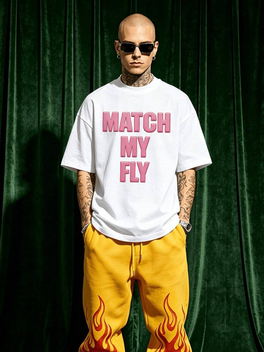 Herren Sommer Lässig Weiches Rundhals Kurzarm-Shirt, Rosa 3D aufgeblasene vertikale MATCH MY FLY fette Buchstaben Streetwear Text Muster Grafik ist geeignet - Weiss - Übersicht 1