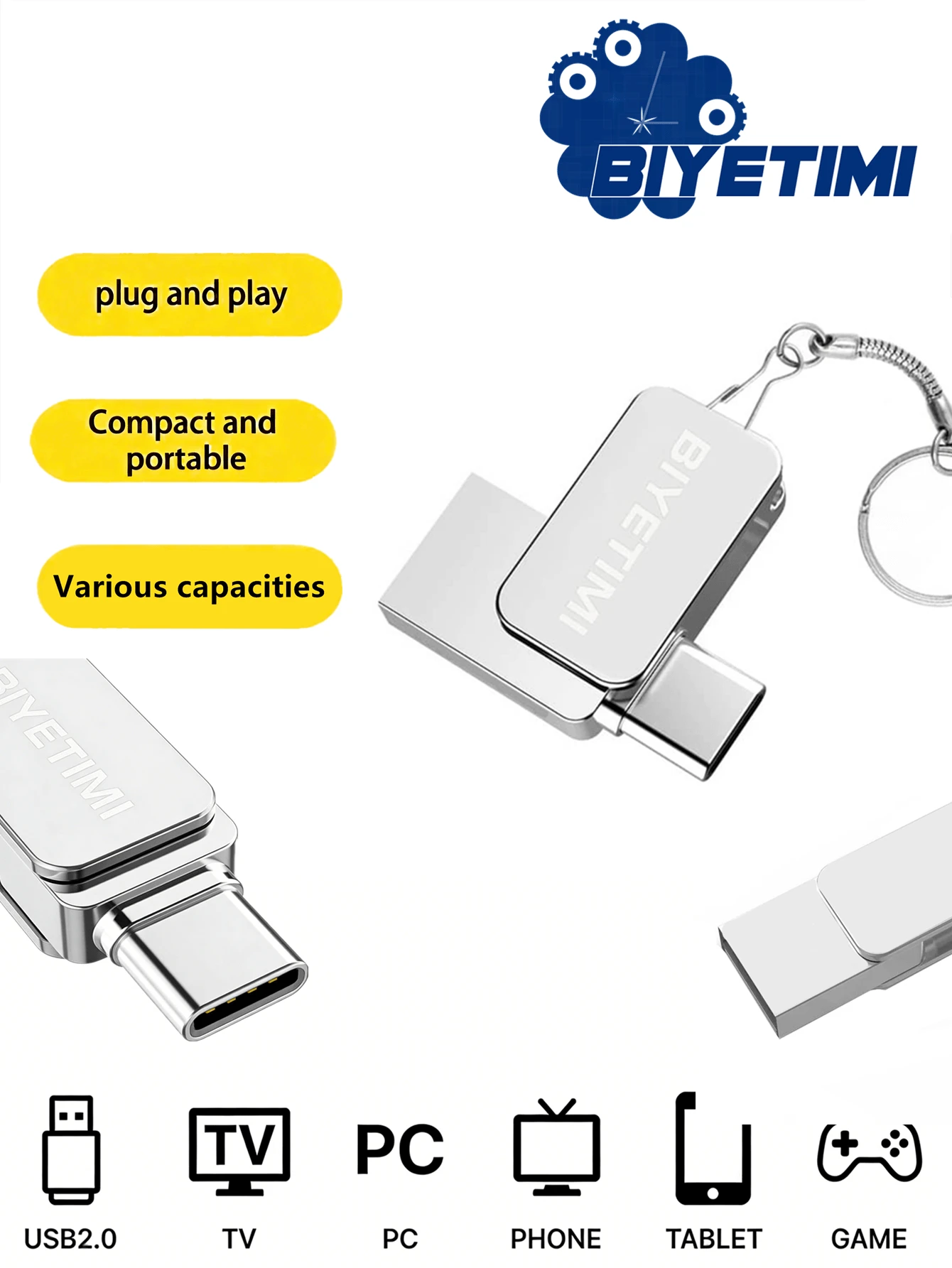 64GB High Speed USB Flash Drive, 32GB USB 2.0 Type-C OTG Metal Flash Drive, 128GB Mini USB Memory Stick - White - View 1
