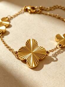 VceTd 3/4 piezas Elegante conjunto de joyería de acero inoxidable con decoración de trébol para mujeres, adecuado para uso diario o como regalo - Amarillo Oro - Ver 7