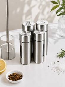 3Pcs Set Stainless Steel Salt And Pepper Shaker Set, Spice Container Set, 2 Refillable Seasoning Jars With Clear Windows And Holder, For Home Kitchen, Dining Table And Restaurant, Kitchen Accessories - Silver - View 3