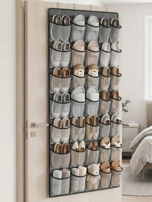 [Entrega en 2-7 días en Estados Unidos] Organizador moderno y minimalista para la parte posterior de la puerta con 28 bolsillos de malla transparente, tela resistente al desgarro con 4 ganchos para puerta, estantería colgante flexible para zapatos para propietarios de viviendas, compañeros de cuarto universitarios, almacenamiento vertical eficiente para utensilios de limpieza, artículos de tocador, cosméticos, organizador de bolsillos multicapa, sistema de organizador montado en la puerta de 22.5x65 pulgadas