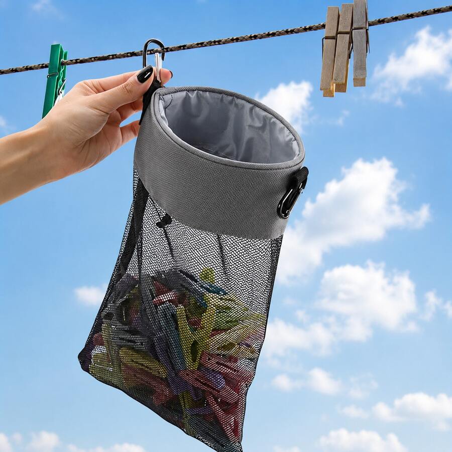 1/2 قطعة حقيبة مشبك ملابس شبكية مع إغلاق برباط، حامل مشابك ملابس معلق مع حزام وخطافات معدنية، منظم تخزين غسيل بفتحة واسعة