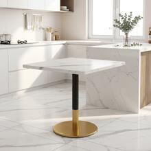 Modern Rectangular Dining Table For 2 People, Small Kitchen Table With White Marble-Effect Wooden Top And Black Metal Pedestal Base, Negotiation Table With Gold Frame For Dining Room, Kitchen, Office And Meeting Room, 80 X 60 Cm - 黑與白 - 查看 11