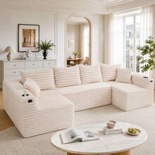 U-Shaped Corduroy Sofa With Cup Holders And Side Pockets, Spring Core Upholstery, 4 Back Cushions And 2 Decorative Cushions - Beige - View 4