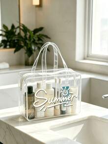 Borsa da toilette trasparente e impermeabile con stampa della parola "Estate", adatta per riporre shampoo, lozioni, cosmetici e altri articoli da bagno, aggiunge un design alla moda e pratico per viaggi e uso quotidiano, adatta per viaggiatori, impiegati, studenti, appassionati di bellezza, può essere utilizzata per viaggi, fitness, soggiorni in hotel, conservazione quotidiana in bagno, multifunzionale come borsa da toilette, borsa da viaggio, borsa portaoggetti, borsa da spiaggia, borsa per il trucco - Multicolore - Visualizzare 10