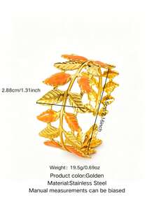 VceTd 1pc Romantic Style Colorful Enamel Leaf Design Stainless Steel Open Bangle Bracelet For Women, Suitable For Weddings, Travel, Or As A Valentine's Day Gift For Your Loved One - Yellow Gold - View 12
