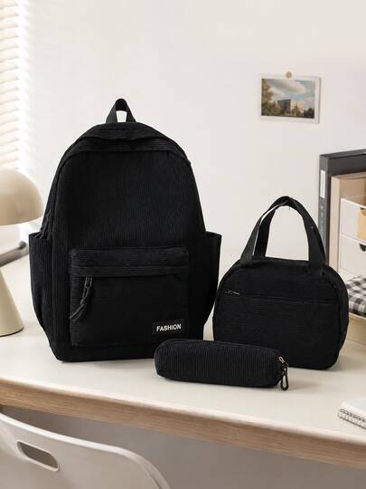 3PCS/Set Casual College Style Corduroy Backpack Set, Large Capacity Backpack, Handbag, Pencil Case, Back To School Supplies, Travel Essentials For Boys And Girls