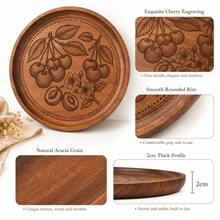 1pc Creative Walnut Wood Carved Cherry Flower Round Wooden Plate, Western Dinner Plate, Steak Plate, Candy Dish, Fruit Plate, Solid Wood Pizza Board Tray - Cherry - View 7