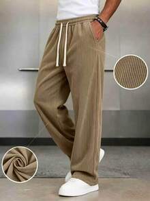 Men's 1pc Loose Fashion Sports Corduroy Pants, Minimalist Solid Color Wide Leg Casual Fit, Drawstring Waist Design, Large Pockets, Suitable For Daily Walking, Work, Travel And Other Occasions. Perfect Father's Day Gift For Dad - Coffee Brown - View 2