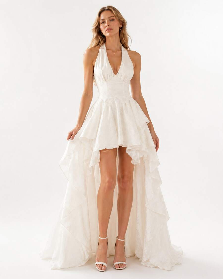 White Halter Deep V Irregular Maxi Dress, Textured Fabric Corset Waist Ruffle High Low Train Flowy Wedding Guest Sundress For Portrait & Ceremony