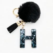 1pc Black Shell Slice Shiny Letter Keychain (A-Z) - Shell Stone Resin Letter Pendant With Pop Pom Pom, Leather Tassel, Fashionable Key Ring, Suitable For Bags/Cars, Cute Gift For Women And Mothers - Multicolor - View 24