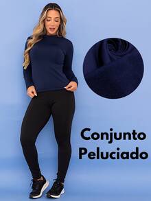 Women's Thermal Sports Set Base Layer Top Fleece-Lined Leggings Fitness Winter Fuzzy Flannel Leggings Tarelles - 藏蓝色 - 查看 6