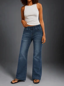 New Women's Elastic Waist Fashion Straight Leg Jeans Casual - Navy Blue - View 3