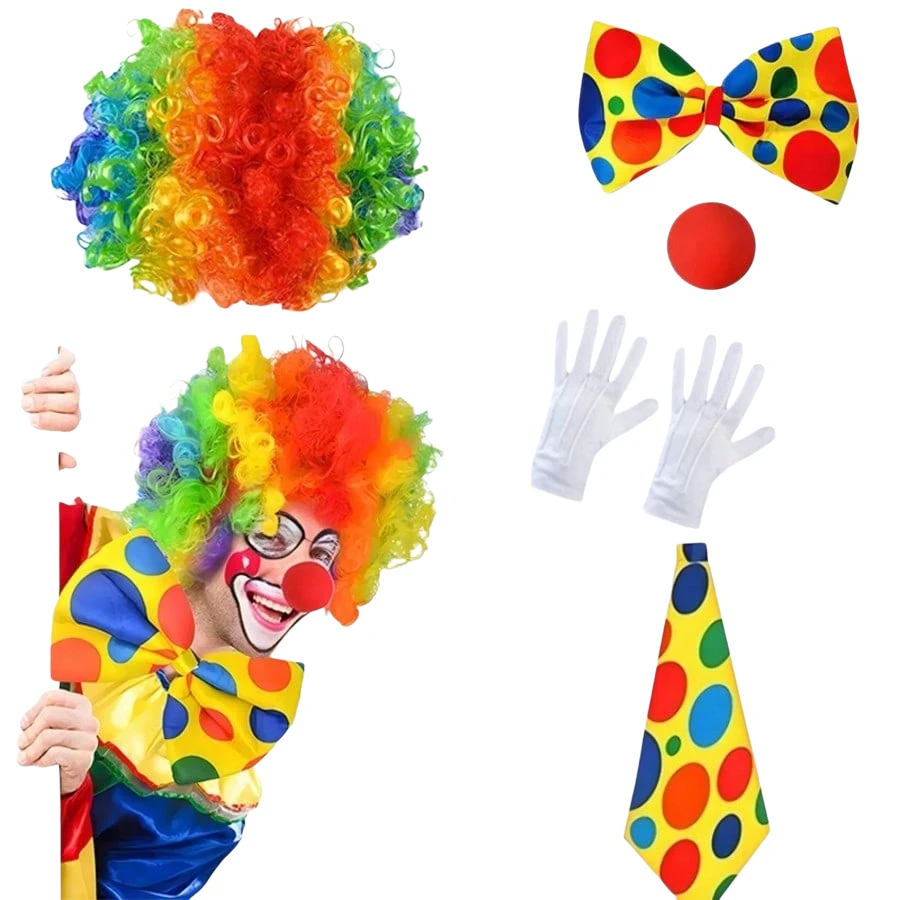 5pcs Carnival Clown Costume Set Includes: Rainbow Clown Wig, Clown Nose, Bow Tie, White Gloves, Party Carnival Clown Accessories And Carnival Performance Costume.,Halloween - Multicolor - View 1