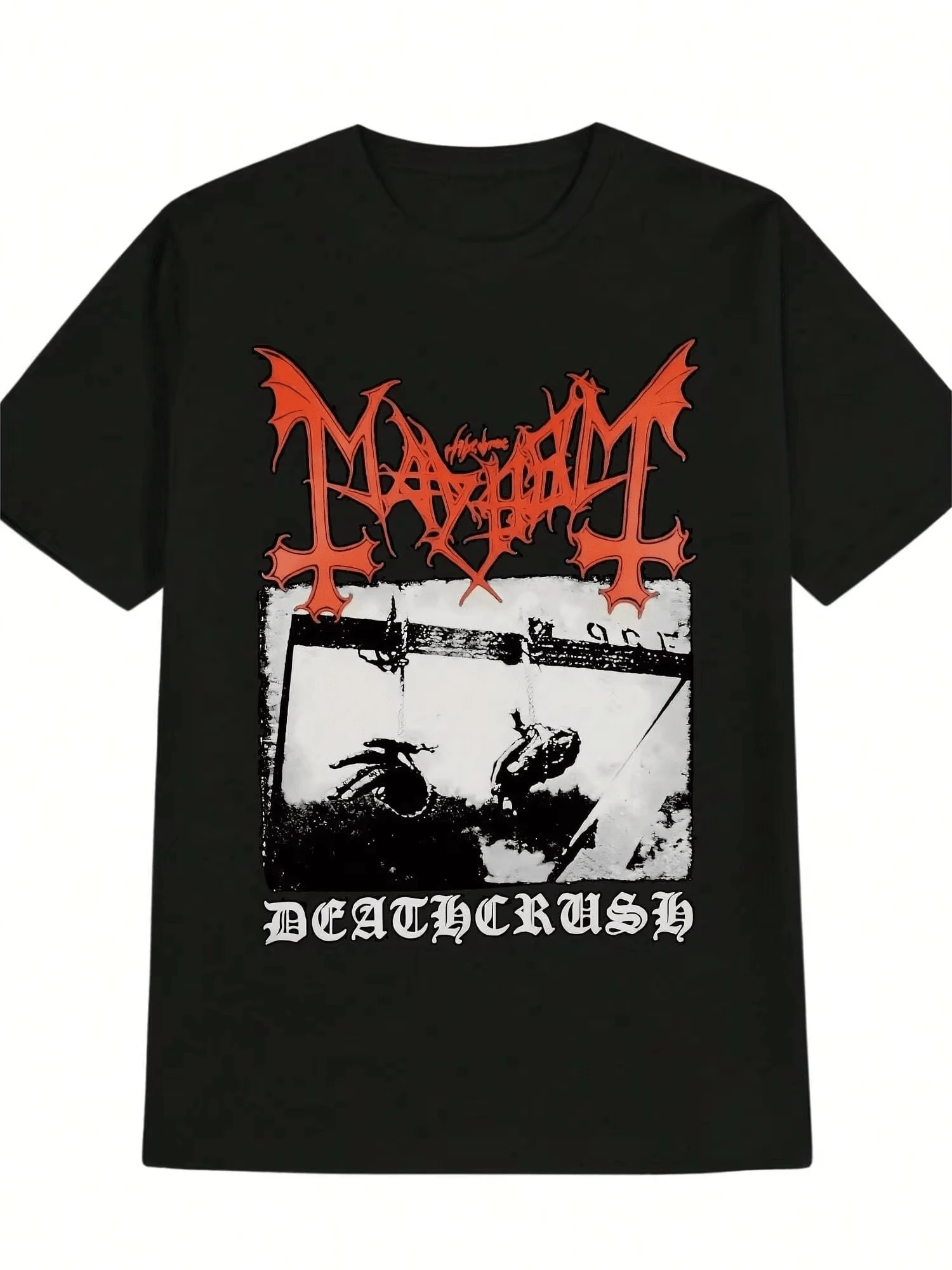 Herren Lässig Grafik T-Shirt - Mayhem Deathcrush Muster Schwarz Band Shirt, Rundhals Sommer Oberteil, Maschinenwaschbar Musik Fan Geschenk, Musikthematische Kleidung, B - Schwarz - Übersicht 1