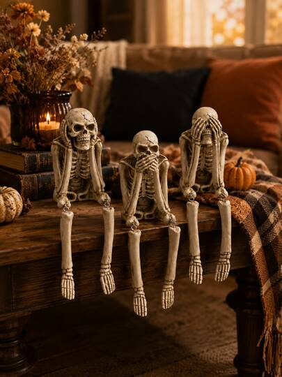 1pc Humorous Skull Statue, See No Evil Hear No Evil Speak No Evil Style Resin Skull Decor, Halloween Home Ornament, Suitable For Living Room Bookshelf, Fireplace Mantel, Coffee Table, Bedroom, Office, Gothic Party Tabletop Decoration