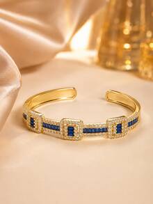 1pc Elegant French Vintage Geometric Segmented Rectangular Zirconia Open Cuff Bracelet For Women, Flattering Skin Tone, Exquisite Low-Key High-End - Bracelet - View 5