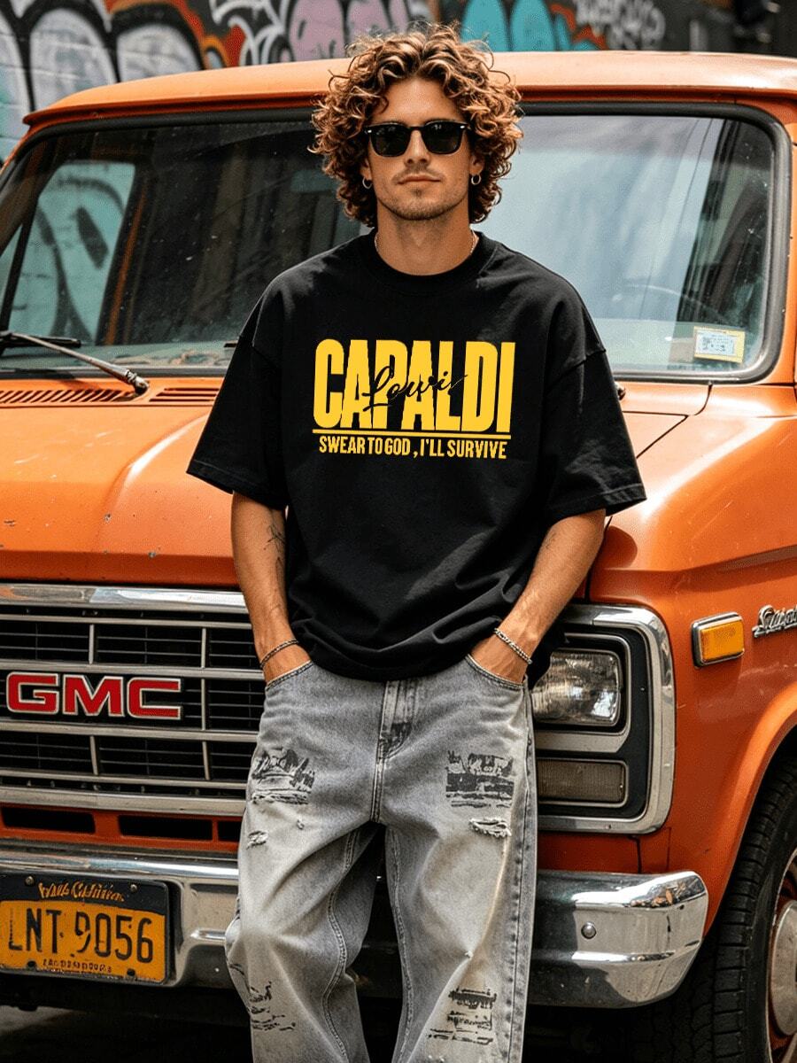 Men's Summer Casual Soft Round Neck Short Sleeve-Shirt,Yellow Lewis Capaldi Lyric Print Graphic Is Suitable Spring And Summer Wear. - Black - View 1