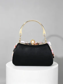 1 pieza Bolso de mano de noche bordado con flores y cuentas hecho a mano, bordado puro hecho a mano con cuentas - Negro - Ver 6