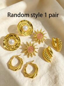 Gold Stainless Steel Earrings Set, Gold Enamel Red Sunflower Flower Pearl Earrings, Elegant Seashell, Petal Texture Floral Jewelry, Beach Earrings, Suitable For Daily Commute, Party, Wedding, Different Occasions Jewelry Accessories - Multicolor - View 7