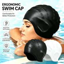1pc Plus Size Silicone Swim Cap With Ear Protection, High Elasticity Waterproof Swim Cap Suitable For Long Hair Adults, Unisex - Black - View 3