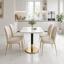Modern Rectangular Dining Table For 2 People, Small Kitchen Table With White Marble-Effect Wooden Top And Black Metal Pedestal Base, Negotiation Table With Gold Frame For Dining Room, Kitchen, Office And Meeting Room, 80 X 60 Cm - 黑與白 - 查看 4