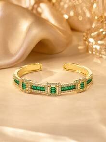 1pc Elegant French Vintage Geometric Segmented Rectangular Zirconia Open Cuff Bracelet For Women, Flattering Skin Tone, Exquisite Low-Key High-End - Bracelet - View 10
