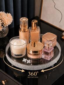360° Rotating Full Rhinestone Mirror Cosmetic Tray, Luxury Perfume & Skincare Storage Display Plate, Bathroom Countertop/Vanity Decor - Multicolor - View 3