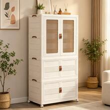 White Foldable Storage Cabinet | No Assembly Required (Or Simple Assembly) | Thickened PP Material | Suitable For Bedrooms, Bathrooms, And Laundry Rooms | Features Lockable Swivel Casters And Magnetic Double Doors - Apricot - View 6