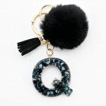 1pc Black Shell Slice Shiny Letter Keychain (A-Z) - Shell Stone Resin Letter Pendant With Pop Pom Pom, Leather Tassel, Fashionable Key Ring, Suitable For Bags/Cars, Cute Gift For Women And Mothers - Multicolor - View 31