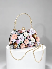 1 pieza Bolso de mano de noche bordado con flores y cuentas hecho a mano, bordado puro hecho a mano con cuentas - Negro - Ver 2