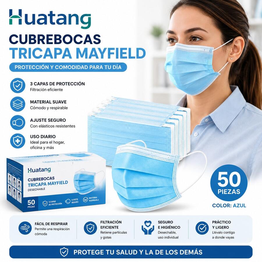 CubrebocasTricapa Mayfield de 50 Piezas Azul - A - Ver 1