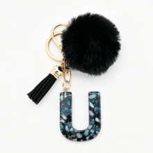 1pc Black Shell Slice Shiny Letter Keychain (A-Z) - Shell Stone Resin Letter Pendant With Pop Pom Pom, Leather Tassel, Fashionable Key Ring, Suitable For Bags/Cars, Cute Gift For Women And Mothers - Multicolor - View 33