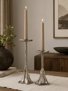 1pc/2pcs Vintage Silver Hammered Metal Candle Holder Set, Sculptural Candle Holders For Dining Table, Fireplace Mantel, Shelf And Home Decor Gift - A - View 7