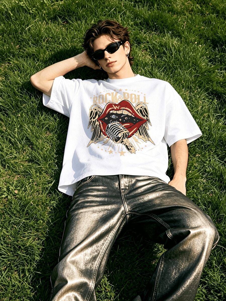 Herren Sommer Lässig Weiches Rundhals Kurzarm-Shirt, Rock Roll Mikrofon Muster Grafik ist für den täglichen Gebrauch geeignet. - Weiss - Übersicht 1
