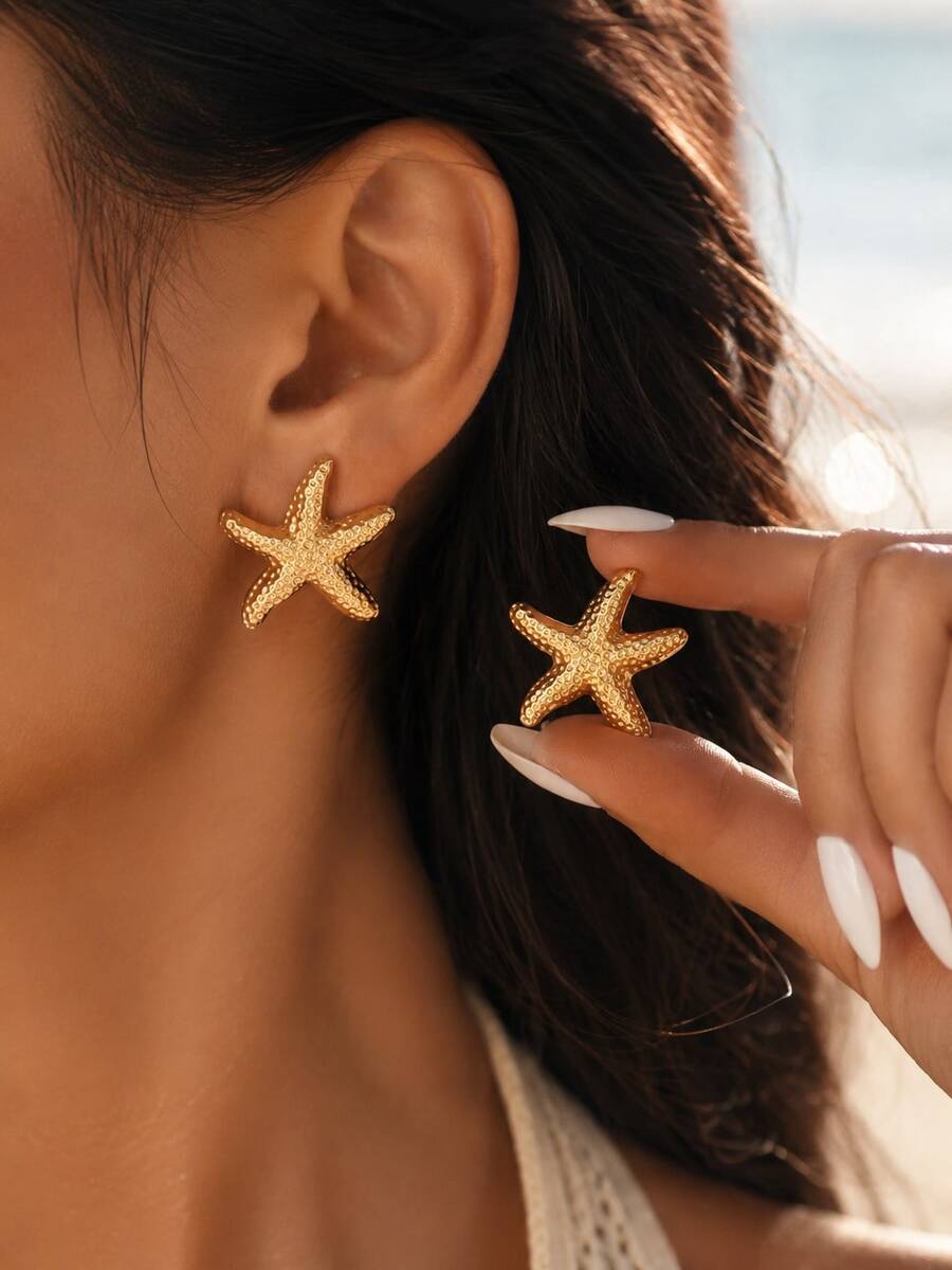 1Pair Fashion Starfish Stud Earrings For Women Summer Beach Jewelry Gifts - Yellow Gold - View 1