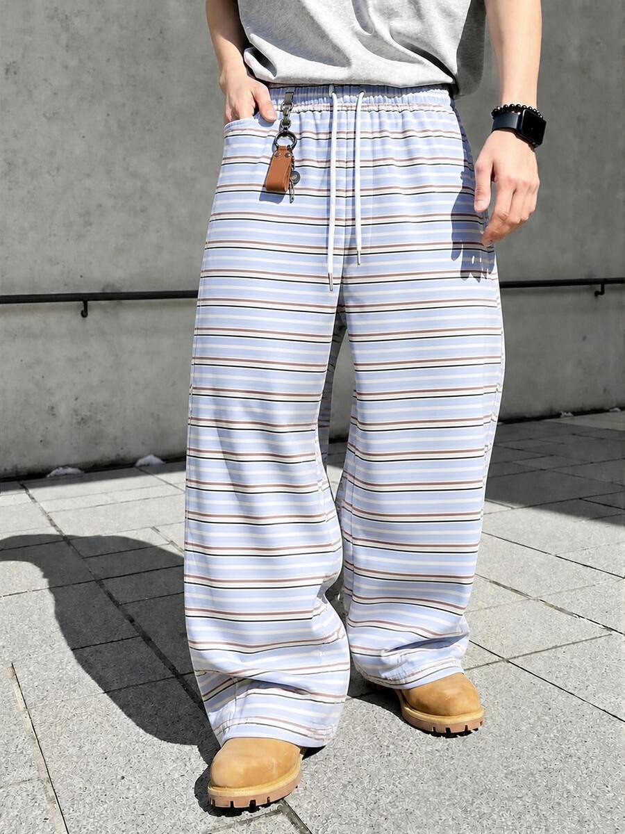 FRACTYR Herren Sommer Lässig Streetwear Hellblau Weiß Braun Nadelstreifen Kordelzug Weite Beine Hose, Vintage Lässig Lange Hose, Minimalistischer Urlaubsstil Lockerer Gerader Beinschnitt Bodenlange Hose, Weiche Haptik - Blau - Übersicht 1