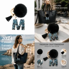 1pc Black Shell Slice Shiny Letter Keychain (A-Z) - Shell Stone Resin Letter Pendant With Pop Pom Pom, Leather Tassel, Fashionable Key Ring, Suitable For Bags/Cars, Cute Gift For Women And Mothers - Multicolor - View 7