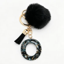 1pc Black Shell Slice Shiny Letter Keychain (A-Z) - Shell Stone Resin Letter Pendant With Pop Pom Pom, Leather Tassel, Fashionable Key Ring, Suitable For Bags/Cars, Cute Gift For Women And Mothers - Multicolor - View 16