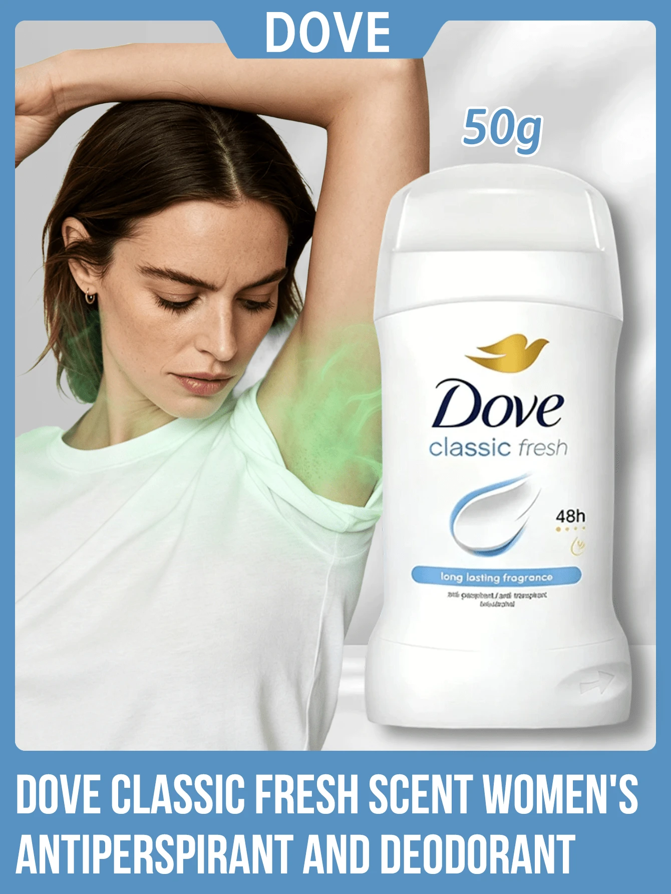 Dove Classic Fresh Scent 女用止汗除臭膏,48小時吸汗微鹽配方,持久清新乾爽不黏膩,便攜式,0%酒精,保濕乳霜,腋下護理異味控制,適合日常、夏季、健身房、敏感肌,50g - 經典香50g - 查看 1