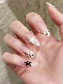 24 Stück französische Stil lange quadratische Press-On Kunstnägel, Farbverlauf Sternenhimmel Leopardenmuster Strass Design, Y2K Modestil, glänzende Vollabdeckung Nagelaufkleber, geeignet für Frauen und Mädchen für den täglichen Gebrauch - Verschiedenfarbig - Übersicht 1
