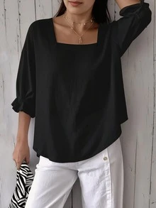 Plus Size Women's Short Sleeve Solid Color Square Neck Dropped Shoulder Ruched Cuff Summer Blouse Black - Black - View 3