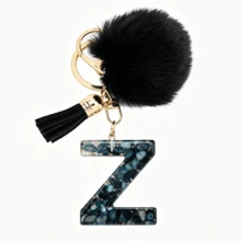 1pc Black Shell Slice Shiny Letter Keychain (A-Z) - Shell Stone Resin Letter Pendant With Pop Pom Pom, Leather Tassel, Fashionable Key Ring, Suitable For Bags/Cars, Cute Gift For Women And Mothers - Multicolor - View 25