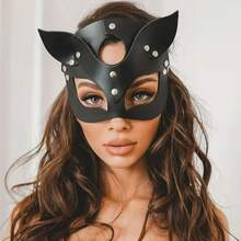 1 Peça Máscara de Raposa de Couro PU Preto (Estilo Aleatório), Máscara de Raposa de Meia Face para Festa de Carnaval, Baile de Máscaras, Adequada para Uso em Festa de Carnaval - A - Visão 1