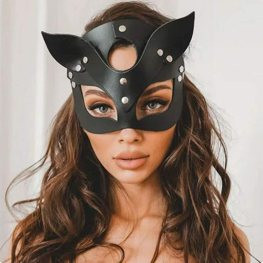 1 Peça Máscara de Raposa de Couro PU Preto (Estilo Aleatório), Máscara de Raposa de Meia Face para Festa de Carnaval, Baile de Máscaras, Adequada para Uso em Festa de Carnaval - A - Visão 1