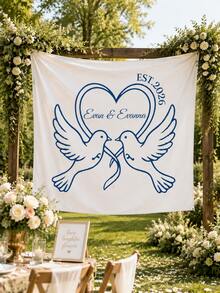 客製化婚禮橫幅「Love Birds」主題，適合情侶派對與婚前慶祝懸掛背景布 - 彩色 - 查看 6