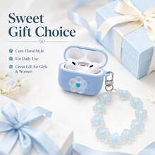 Cute Light Blue Cherry Blossom Bluetooth Earphone Case Compatible With AirPods Pro 2 Protective Cover With Blue Beaded Lanyard - Baby Blue - View 2