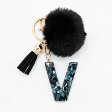 1pc Black Shell Slice Shiny Letter Keychain (A-Z) - Shell Stone Resin Letter Pendant With Pop Pom Pom, Leather Tassel, Fashionable Key Ring, Suitable For Bags/Cars, Cute Gift For Women And Mothers - Multicolor - View 21