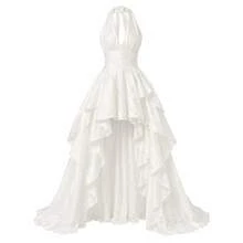 White Halter Deep V Irregular Maxi Dress, Textured Fabric Corset Waist Ruffle High Low Train Flowy Wedding Guest Sundress For Portrait & Ceremony - White - View 9