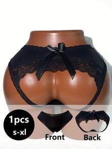 Hollow Out Sexy Lace Patchwork Bow Butt-Revealing Panties - Black - View 3